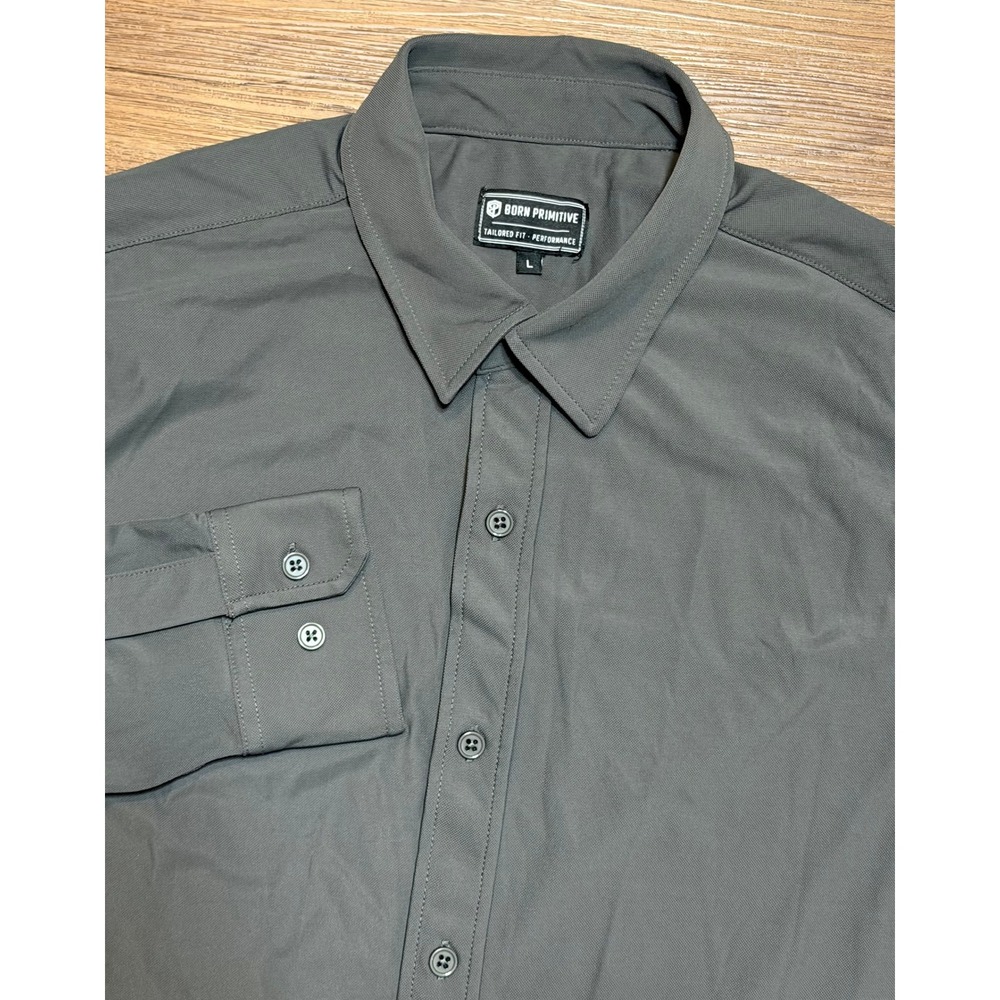 Born Primitive Mens Tailored Fit Performance Button Down Shirt Gray Sz L
